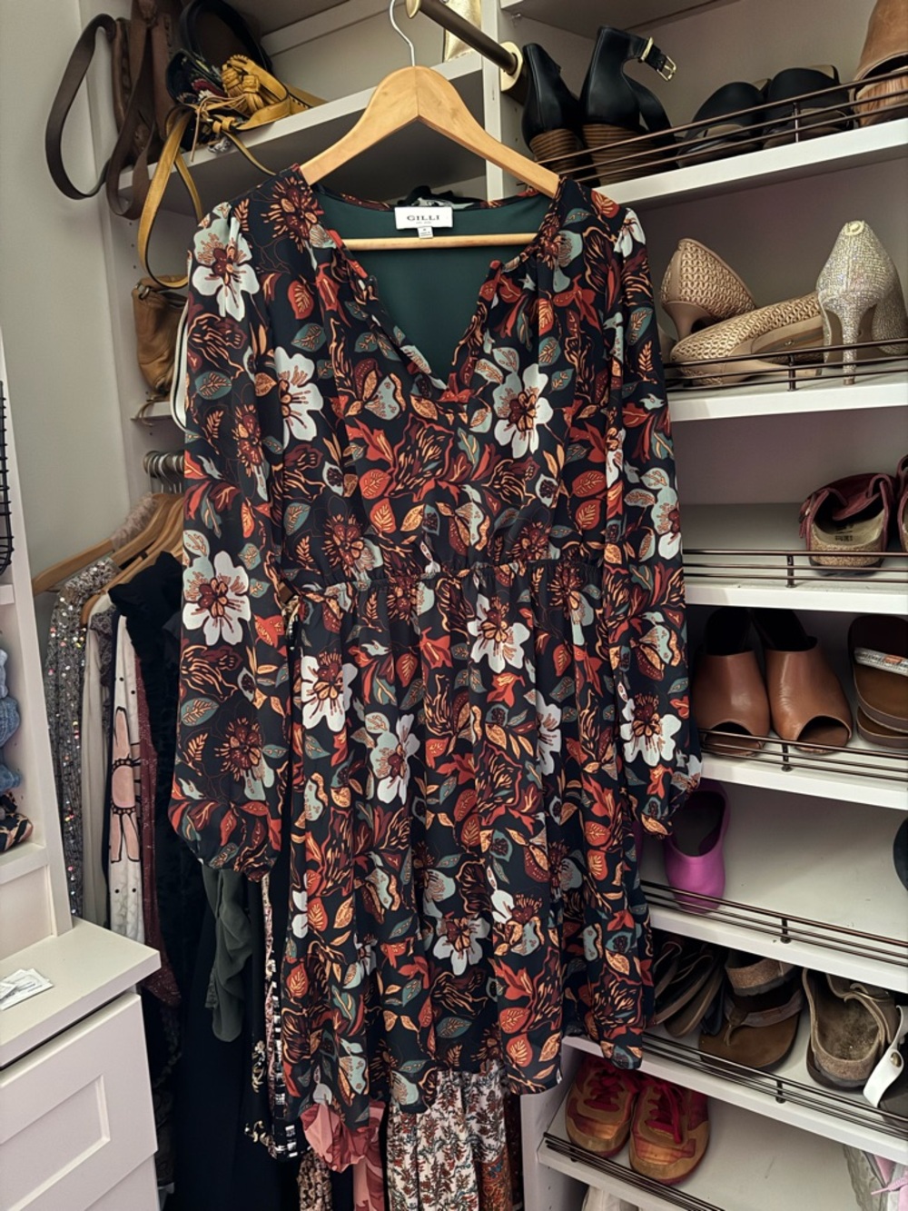 Gilli Black Floral V-Neck Long Sleeve Mini Dress with Rust and White Blooms